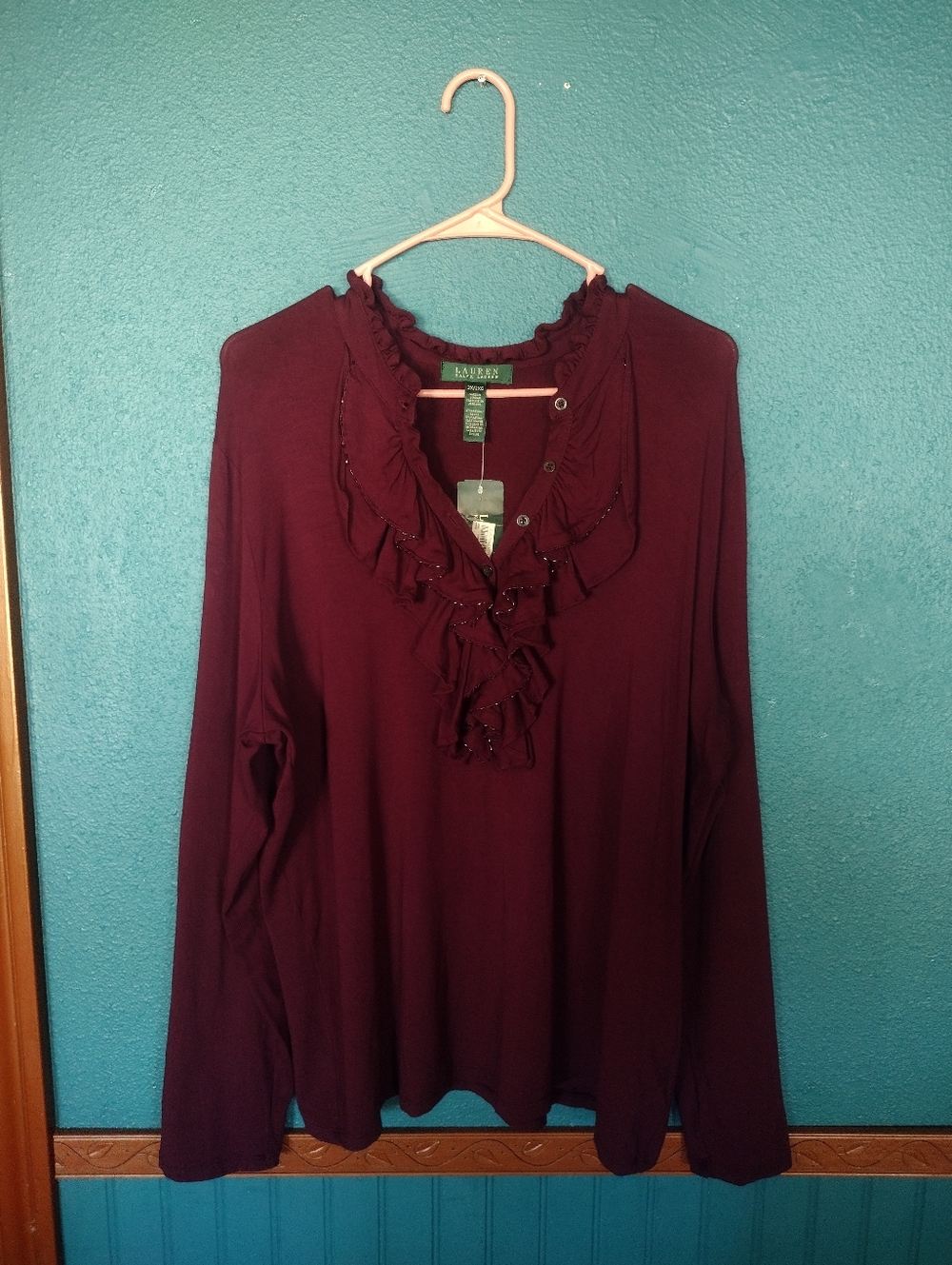 New Lauren Ralph Lauren Plum Burgundy Ruffle V-Neck Long Sleeve Top